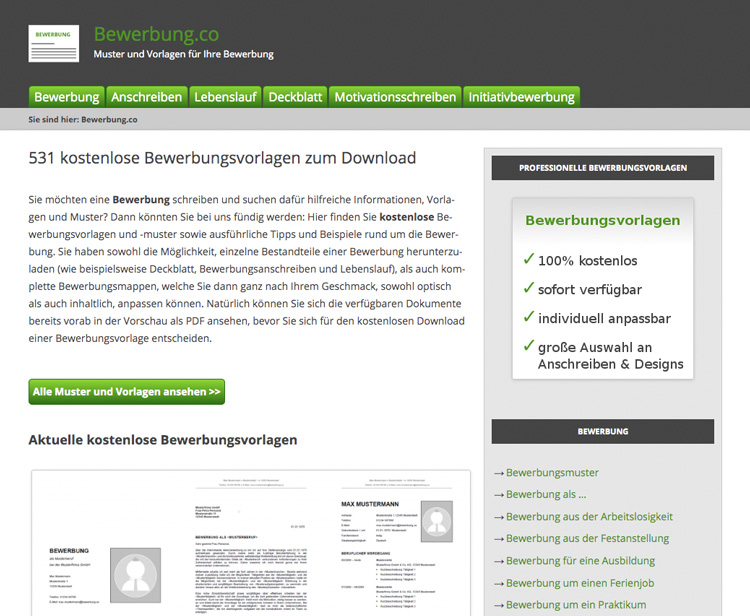 Screenshot der Bewerbung.co Webseite